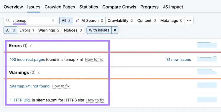 The Issues tab on Site Audit with "sitemap" entered showing a list of sitemap errors and warnings.