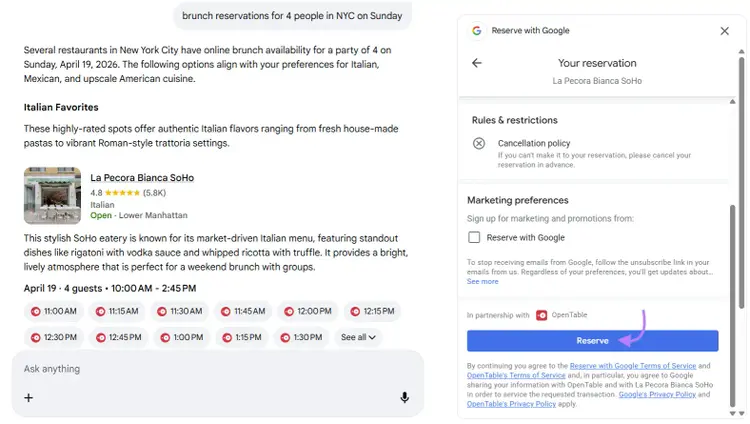 Users click the "Reserve" button in the "Reserve with Google" panel to complete the agentic booking.