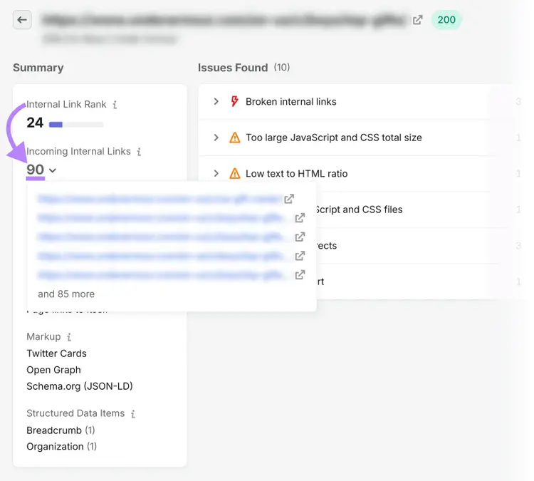 Semrush page details showing an Internal Link Rank of 24 and 90 incoming internal links