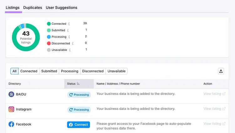 "Listings" on Listing Management showing a list of directories where a business can submit their name, address, and phone number.