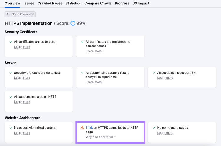 "HTTPS Implementation" page showing security certificate, server, and website architecture issues in Site Audit tool