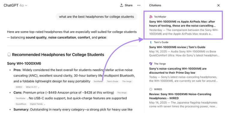 The first listed citation in a response is the first listed citation in the citation list sidebar.