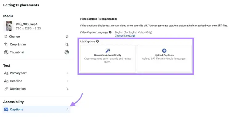 'Captions' window on Meta Ads Manager with options to add subtitles by uploading an SRT file or generating them automatically.