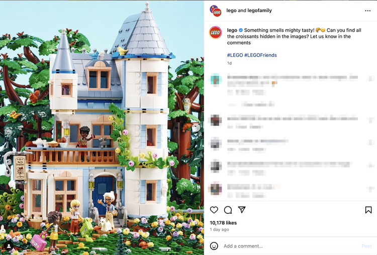 instagram post from Lego of a victorian house made from their materials that asks the audience to find the croissants hidden in the image