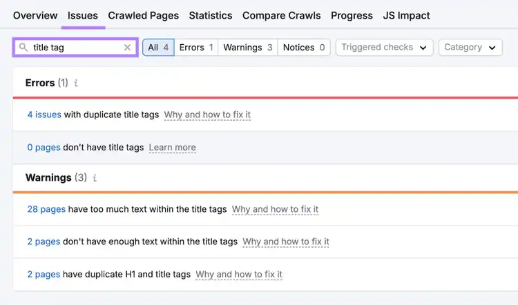 Title tag issues are things like missing tags, duplicates, too much text, not enough text, or duplicate h1 and title tags.
