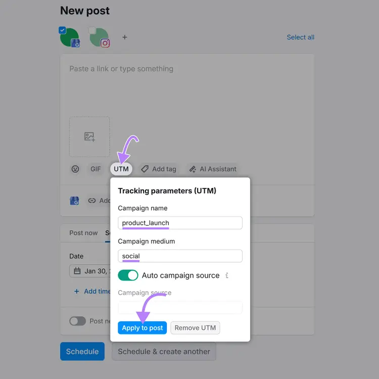 Social Poster new post edito with UTM tracking panel open and campaign name and medium fields filled and Apply to post selected.