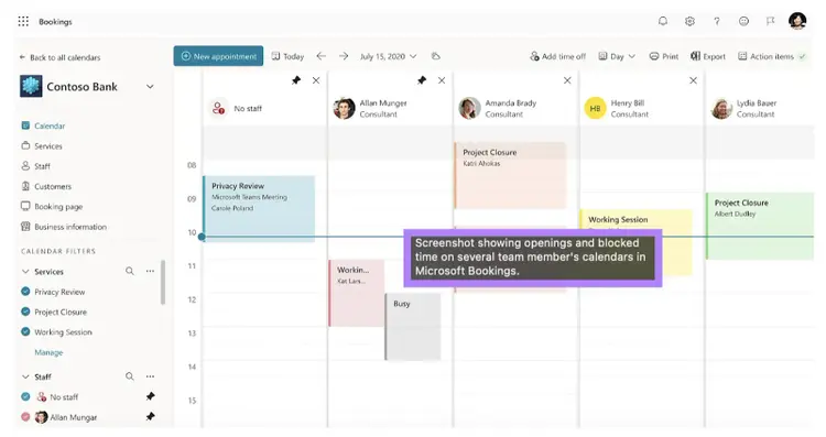 Microsoft Bookings calendar showing team member openings and blocked time