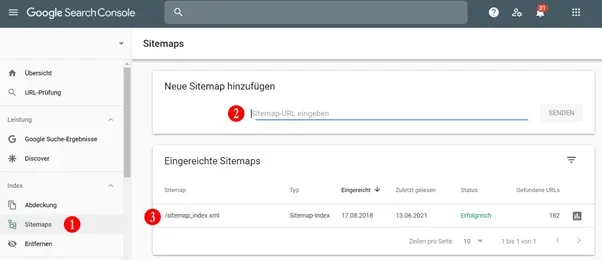 Google Search Console sitemaps showing sitemap_index.xml with 182 discovered URLs status