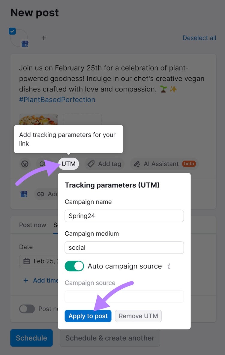 Fügen Sie Ihrem GBP-Beitrag im Social Poster-Tool einen UTM-Tracker hinzu.