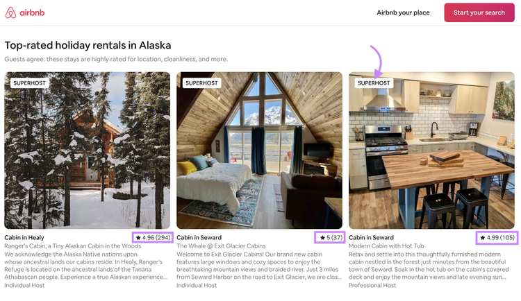 Airbnb's Landing Page über die am besten bewerteten Vermietungen in Alaska