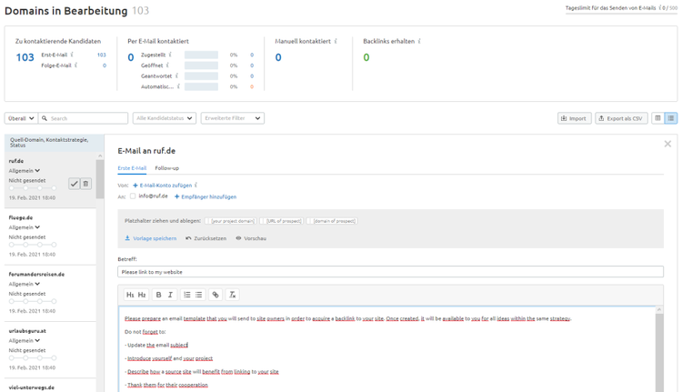 E-Mail-Versand im Link Building Tool