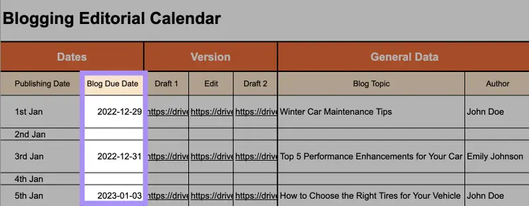 Spalte "Blog-Fälligkeitsdatum" im Blog-Kalender hervorgehoben