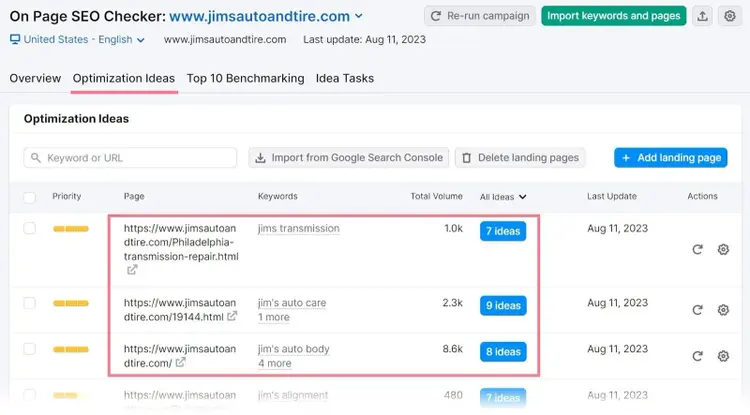 Registerkarte "Optimierungsideen" im On Page SEO Checker-Tool