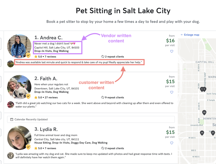 Rover's "Haustiersitting in Salt Lake City" Seite