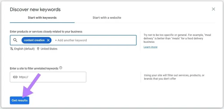 Seite "Neue Keywords entdecken" mit hervorgehobener Schaltfläche "Ergebnisse anzeigen"