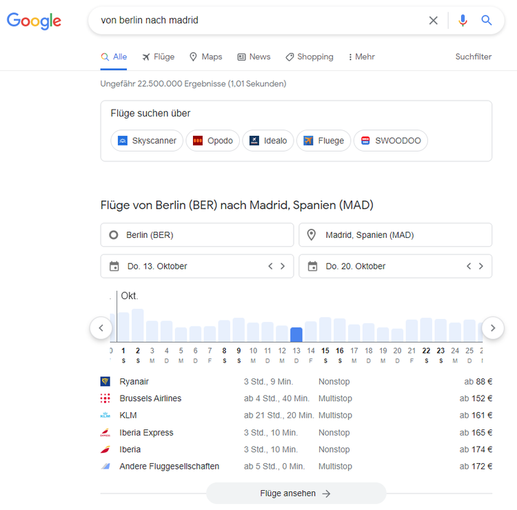Screenshot: Google Flüge