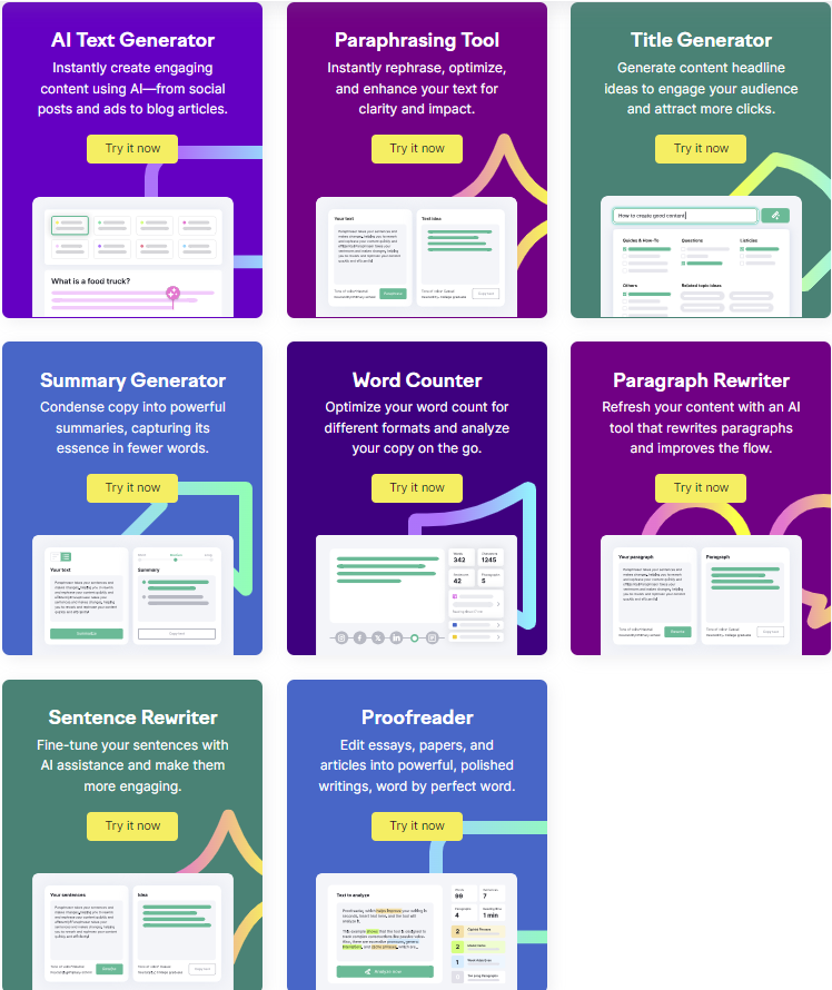 Grid of 8 AI writing tools: text generator, paraphraser, title creator