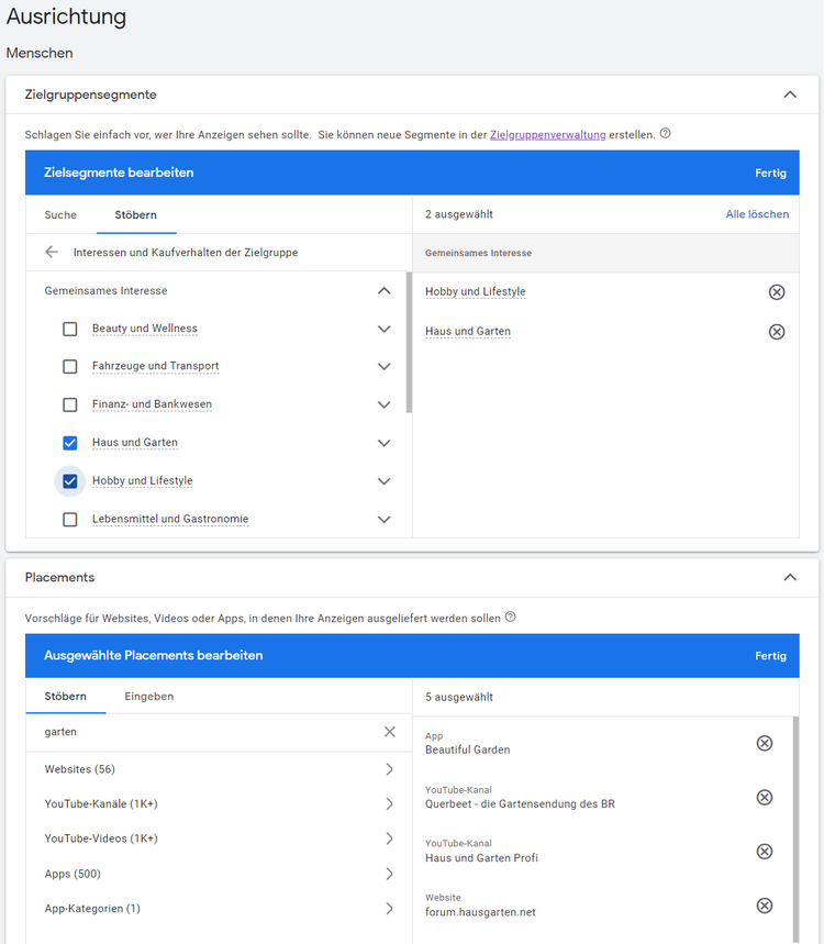 Google Ads Zielgruppen Dialog mit Interesse und Placement-Kategorien Auswahl