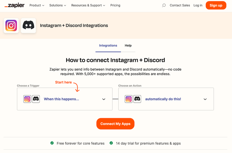 Zapier's "Wie man Instagram + Discord verbindet" Seite