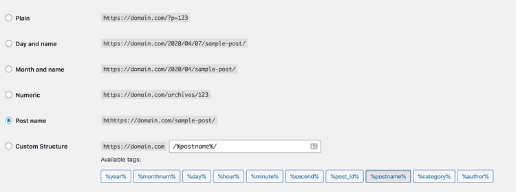 WordPress permalink settings showing URL structure options with Post name selected