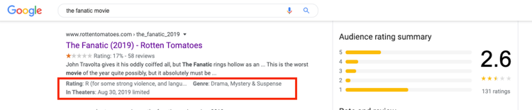 Google-Suchergebnis: Film The Fanatic mit Bewertung und Info