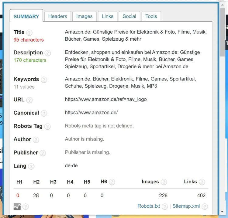 SEO Meta In One Click zeigt Meta-Daten einer Website: Title, Description, Keywords und Robots-Tag