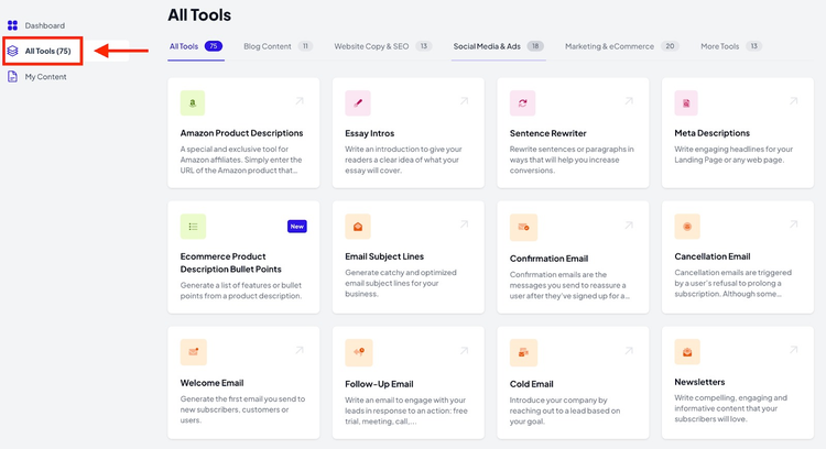 All writing tools showing product descriptions, emails, meta text