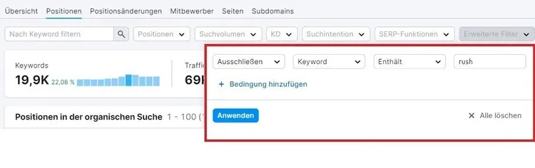 SEMrush Übersicht Filter für Keywords und Traffic-Auswahl