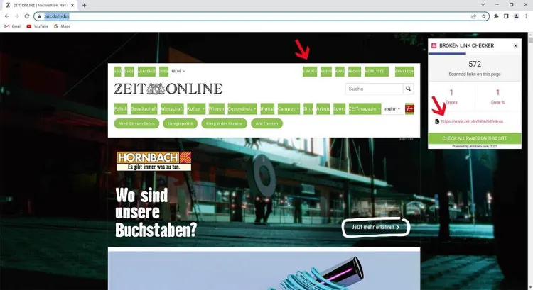 Broken Link Checker Plugin auf Website mit farbigen Markierungen und Status
