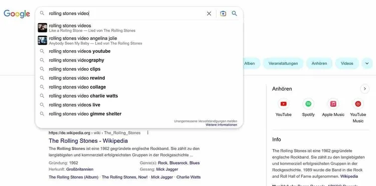 Google Suche Rolling Stones Video mit Autocomplete und Video Info-Panels