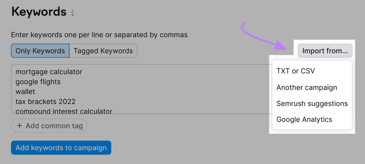 Schaltfläche "Importieren von…" mit Dropdown-Menü mit Optionen
