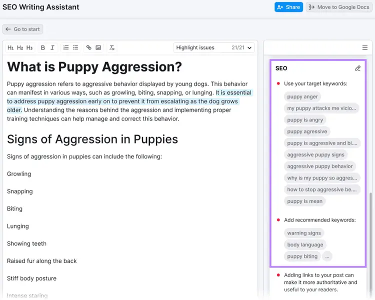 SEO Writing Assistant zeigt einen Artikelentwurf zum Thema Welpenaggression und entsprechende SEO-Schlüsselwortvorschläge.