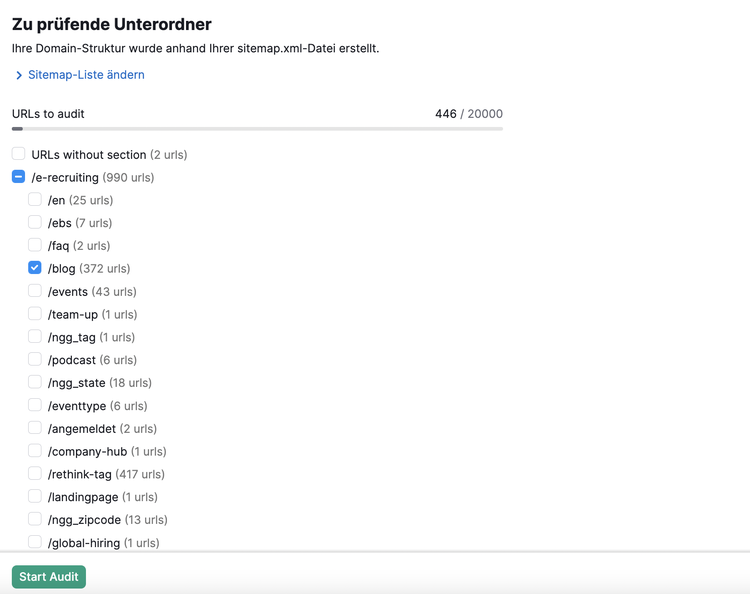 Semrush Content Audit: Teilbereiche auswählen