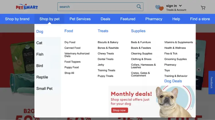 dropdown-Header-Navigation von PetSmart, die eine einfache Möglichkeit bietet, auf die vielen Seiten zuzugreifen