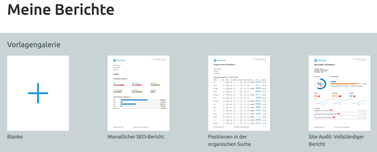 Semrush Berichts-Vorlagengalerie mit SEO- und Audit-Templates