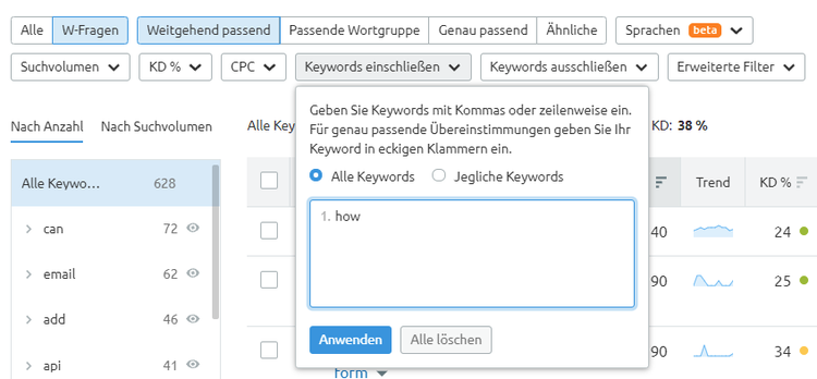 Keyword-Filter im Keyword Magic Tool