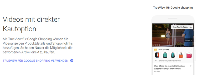 Google Shopping TrueView-Schnittstelle mit Video-Kauffunktion und Produktdetails