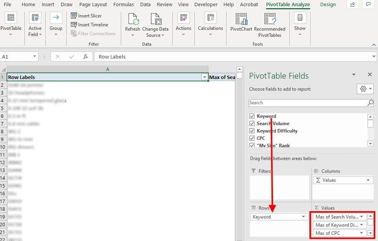 Excel PivotTabelle Analyze-Menü mit Felder-Panel zum Ziehen von Spalten