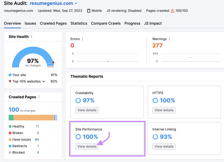 Das Feld "Site Performance" ist im Site Audit Dashboard hervorgehoben