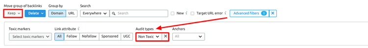 Semrush Backlink Audit Tool mit Suchfiltern und Link-Attributen