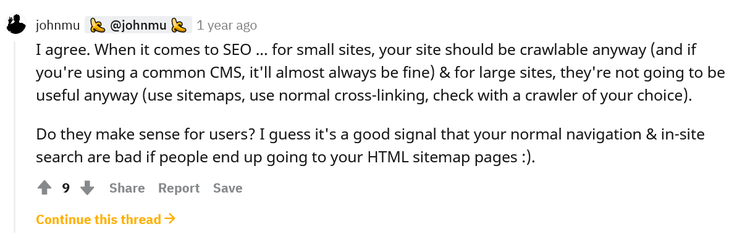 Reddit-Kommentar zu HTML-Sitemaps und SEO von Nutzer johnmu 1 Jahr ago
