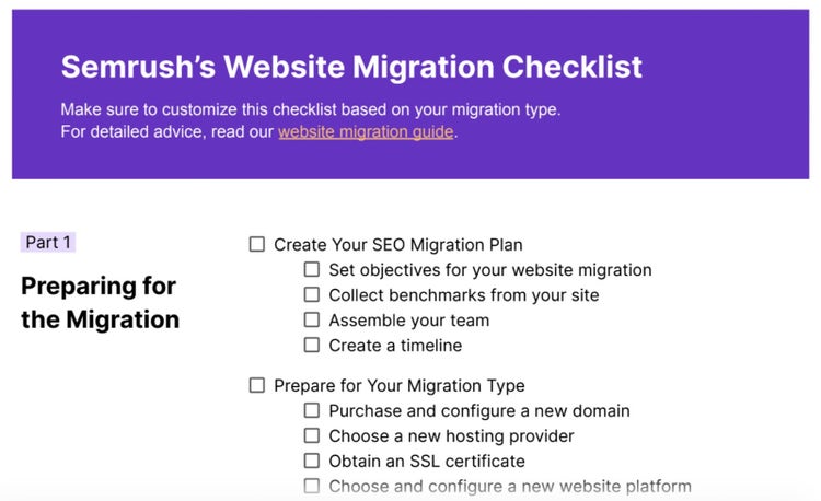 Vorschau auf die Checkliste für die Website-Migration von Semrush