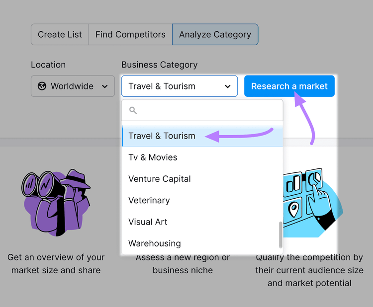 Branche "Reisen & Tourismus" im Market Explorer Tool ausgewählt