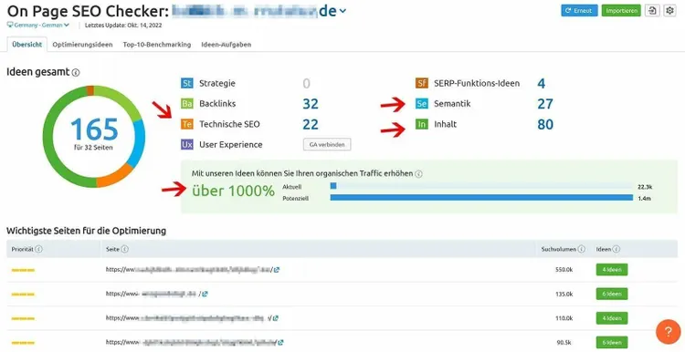 On Page SEO Checker showing 165 total ideas with counts