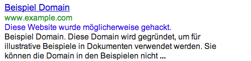 Beispiel-Domain mit Hack-Warnung: Diese Website wurde möglicherweise gehackt