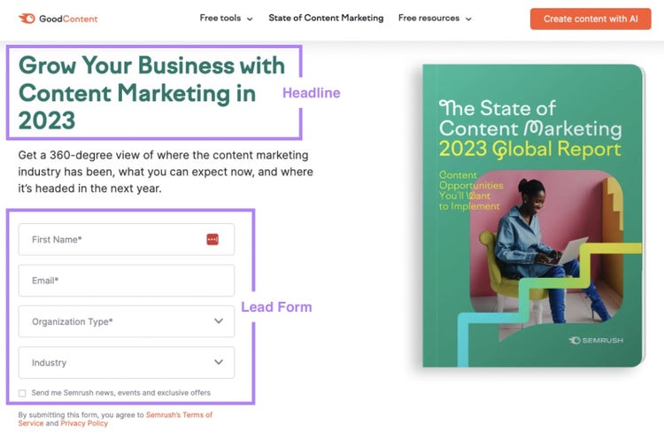 Semrush-Landing-Page "The State of Content Marketing 2023 Global Report" mit ansprechender Überschrift und Lead-Formular