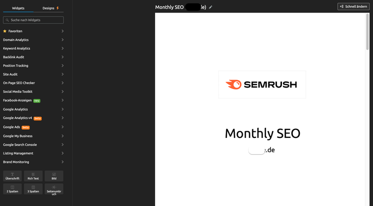 Semrush Report Builder: Monatlicher SEO-Bericht mit Menü