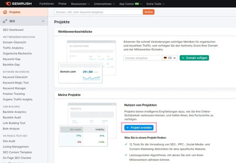 Lege zuerst im Semrush-Tool ein Projekt an