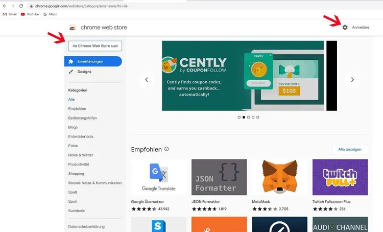 Chrome Web Store Extensions Kategorie mit Google Translate JSON Formatter Tools