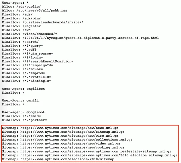 Robots.txt file showing crawlers rules and New York Times sitemap URLs highlighted